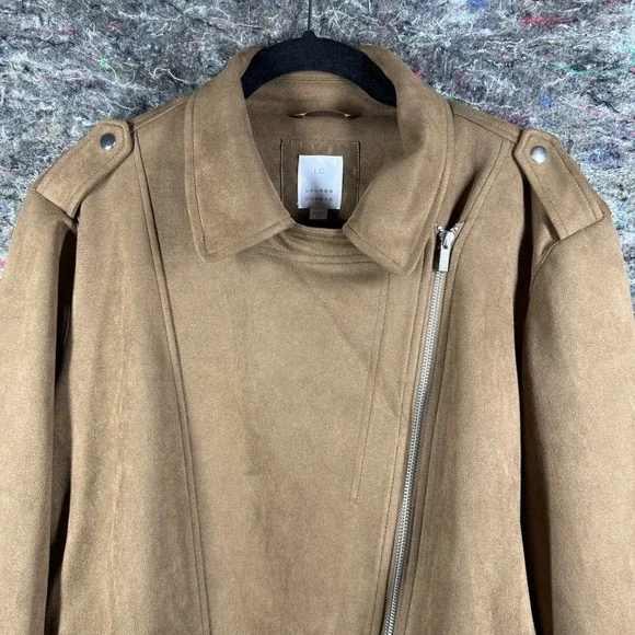 LC Lauren Conrad Moto Jacket Women 1X Brown Faux Suede Asymmetrical Zip - Picture 2 of 14